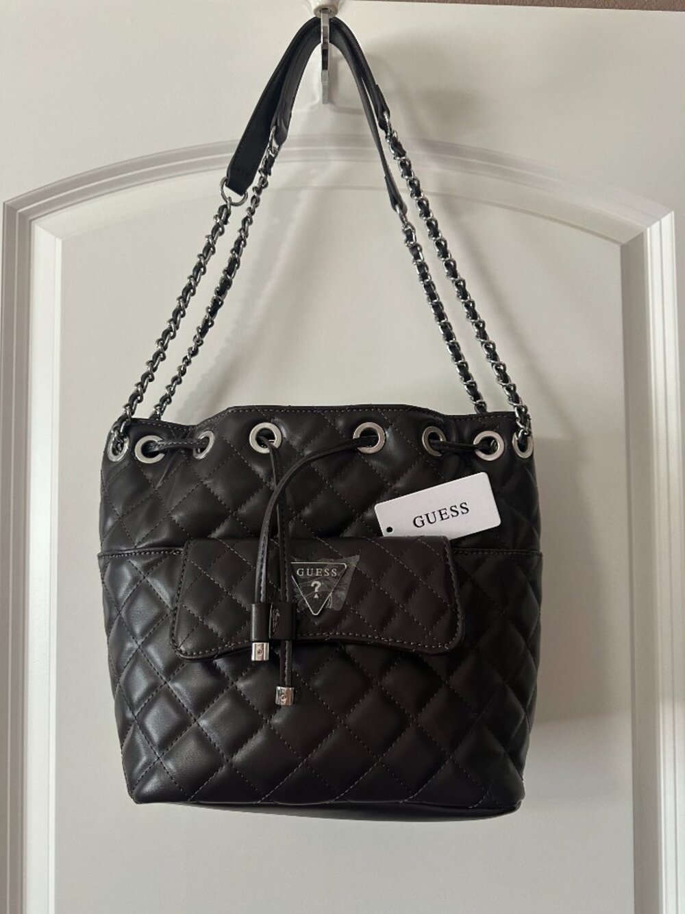Brand New with Tags GUESS Quilted Drawstring Bucket Crossbody Bag in Brown - Picture 2 of 12